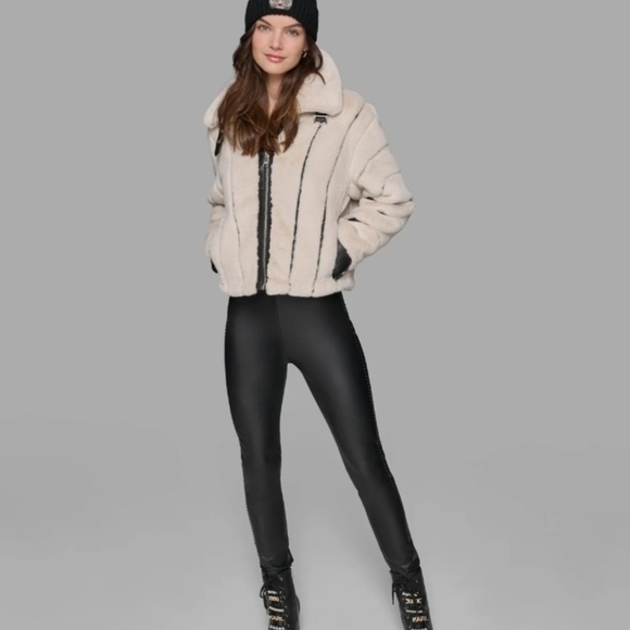 Elegant Cream and Black Faux Mink Lagerfeld Bomber Jacket - Picture 6 of 8